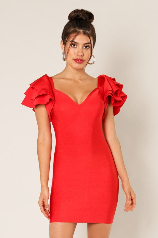 Tiered Ruffle Sleeves Bandage Dress